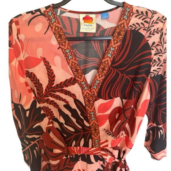 Farm Rio NWOT Bruxelles Dress Ruffles Wrapped Mini Orange Brown Size Medium - Picture 6 of 12